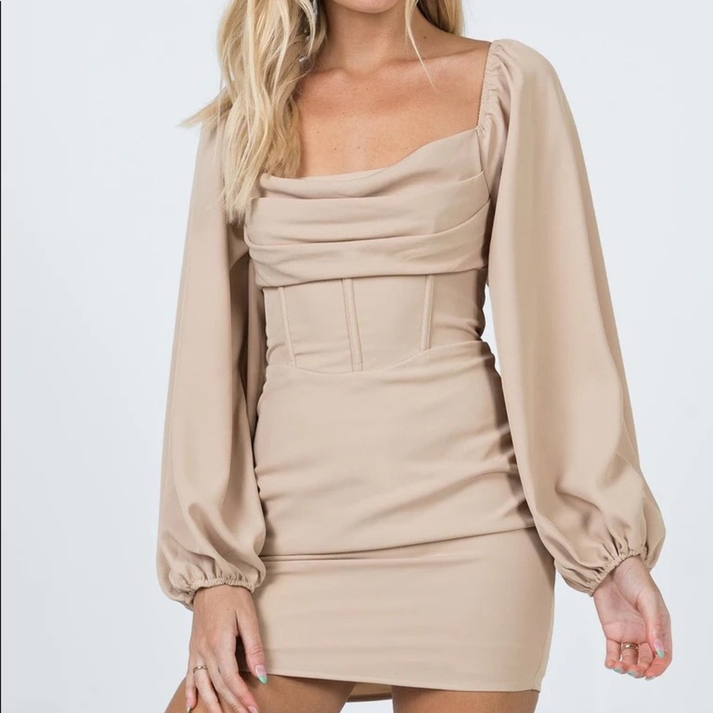 Princess Polly LILLIE LONG SLEEVE MINI DRESS BEIGE